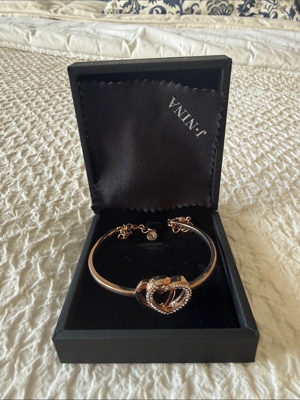 Nina Rose Gold plated Double Heart Bangle with Crystal Accents